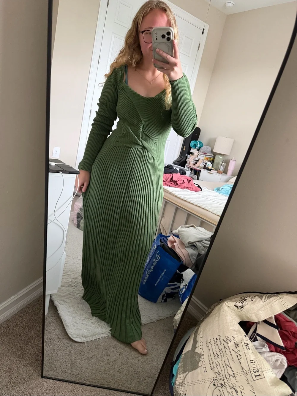 Free People Olive Green Long Sleeve Ribbed Twist-Front Maxi Dress